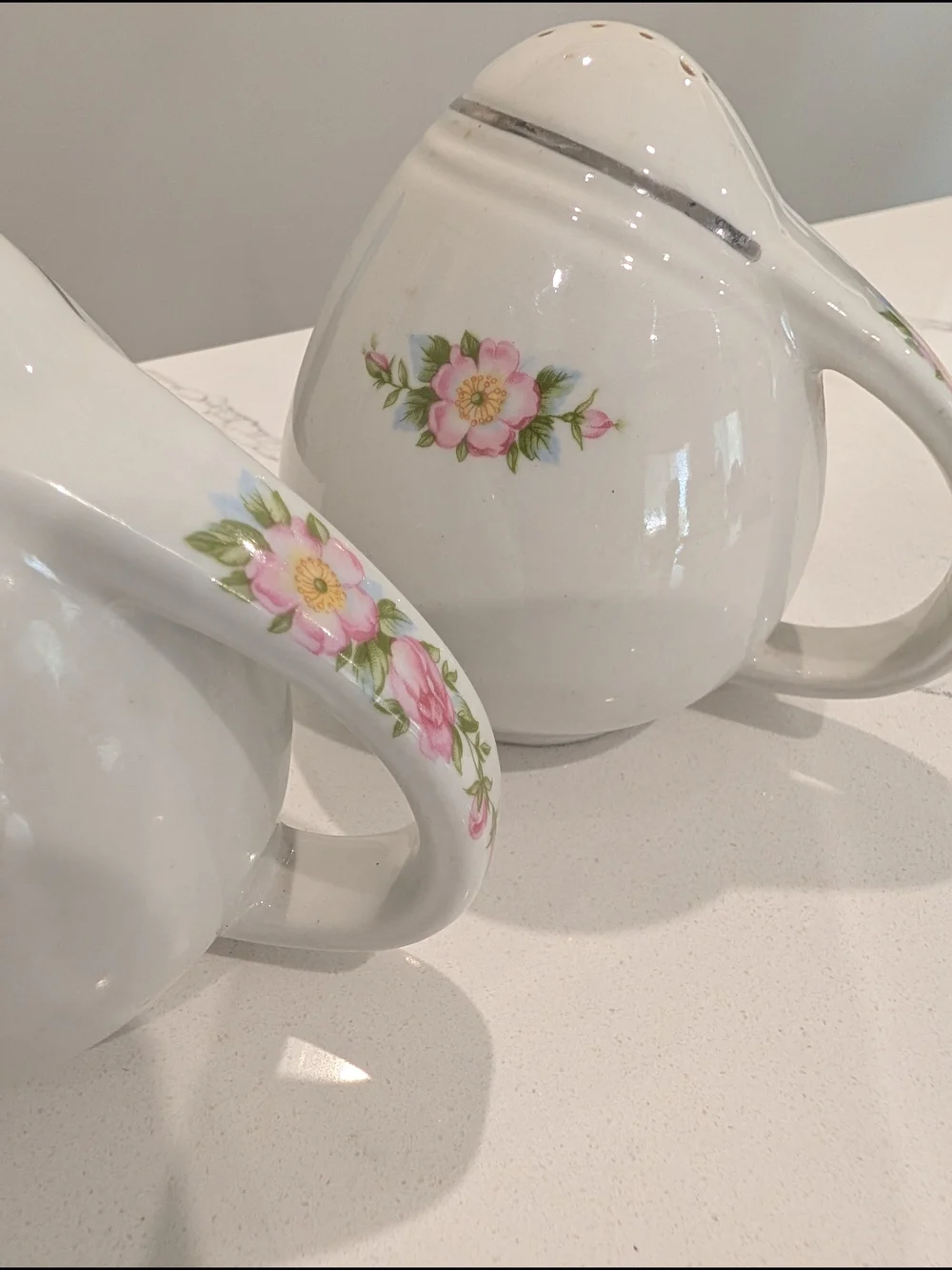 Vintage MCM Ceramic Salt & Pepper Shakers Floral Silver Trim Handled Cork USA